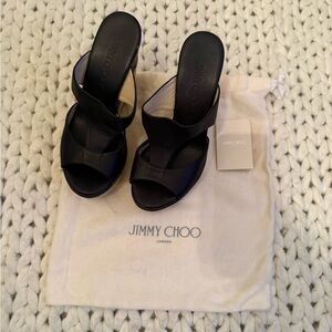 Jimmy Choo Black Leather Wedge Sandals